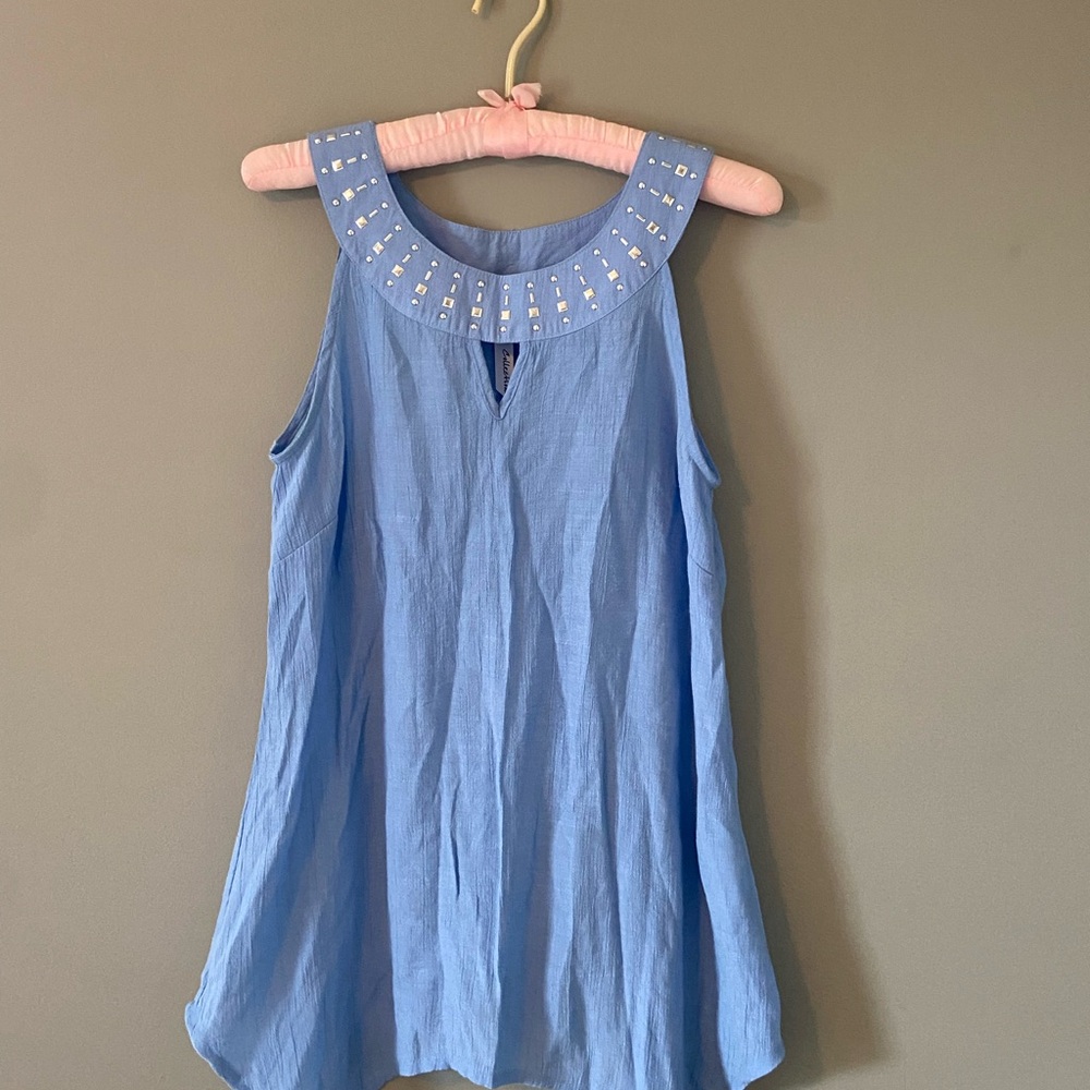 NY Collection Light Blue Sleeveless Tank with Beaded Collar